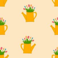 süß Garten Bewässerung Büchsen mit Tulpen nahtlos Frühling Hintergrund.Mutter Tag,Geburtstag.Vorlage zum Textil, Hintergrund, Verpackung, Startseite vektor