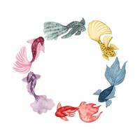 runda krans av vattenfärg fisk.hand illustration.simple, stiliserade stil. fast Färg hav djur. under vattnet värld av marin vilda djur.hav och sea.vector ram vektor