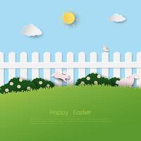 Ostern Gruß Karte, feiern Thema mit Ostern Eier und süß Kaninchen im das Garten vektor