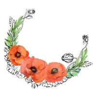 Hand gezeichnet Aquarell botanisch Illustration Blumen Blätter. rot Mohn Papaver, Stängel Knospen Samenkapseln. Kranz Rahmen isoliert auf Weiß Hintergrund. Design Hochzeit, Liebe Karten, Erinnerung Tag Schreibwaren vektor