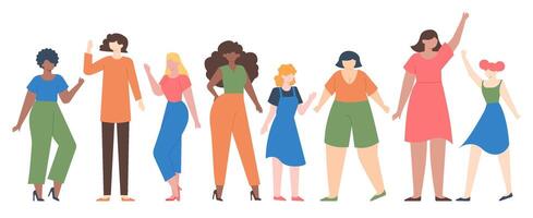 kvinnor olika. kvinna grupp bemyndigande, flickor team med annorlunda storlek och hud Färg, mångfald systerskap gemenskap vektor illustration uppsättning