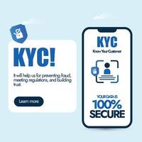 kyc. kennt Ihre Kunde oder Klient Bedeutung Bewusstsein Banner mit ein Handy, Mobiltelefon Telefon Bildschirm zu fördern kyc zu behalten Daten sicher und gesichert von irgendein Betrug. Geschäft Sicherheit Maße Werbung Banner Idee. vektor