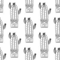 ritad för hand vektor sömlös mönster av kaktus. översikt klotter stil illustration av taggig växt, blomning kaktus, saftig växt i keramisk pott. Hem växt, mexico kaktus blomma.