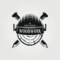 Holz arbeiten, gesehen, Stahl Nagel Logo Jahrgang Illustration, Zeichen und Symbol vektor
