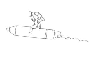 kontinuierlich einer Linie Zeichnung ein Mädchen Fahrten auf ein bleistiftförmig Rakete. lesen ein Buch beim ein Höhe. lesen Bücher überall. gut Gewohnheiten. Buch Festival Konzept. Single Linie zeichnen Design Vektor Illustration