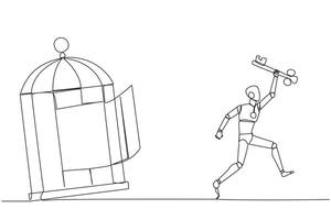 enda kontinuerlig linje teckning smart robot löpning ut av de bur innehav de nyckel. begrepp av frihet från något den där binder. frihet till förskott företag. ett linje design vektor illustration