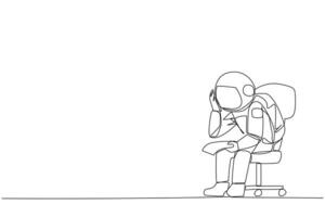 kontinuierlich einer Linie Zeichnung traurig Astronaut sitzen schlaff im ein Stuhl. nachdenklich halten ein Stück von Rechnung Papier. das groß von Forderungen, Geschäft werden Zusammenbruch. Single Linie zeichnen Design Vektor Illustration