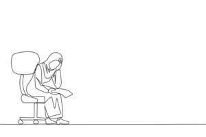 Single kontinuierlich Linie Zeichnung traurig arabisch Geschäftsfrau sitzen schlaff im Stuhl. nachdenklich halten Stück von Rechnung Papier. das groß von Forderungen, Geschäft werden Zusammenbruch. einer Linie Design Vektor Illustration