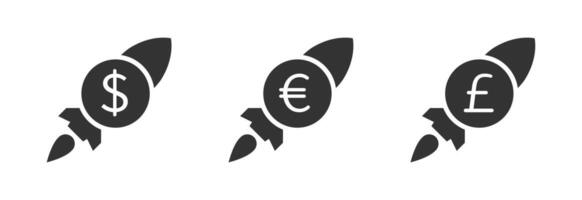 Währung Bewertung erhöhen, ansteigen Symbol. Rakete mit Dollar, Euro und Pfund Symbole. Vektor Illustration.