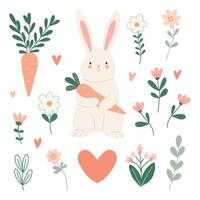 süß Ostern Hase mit Möhren, Blumen, Herzen vektor
