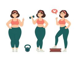 Übergewicht Frau zeigt an das Ergebnisse im verlieren Gewicht nach Aktivitäten vektor