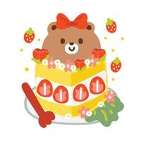 süß Erdbeere Käse Kuchen haben Teddy Bär Gesicht und Blume auf Kuchen.süß und Dessert.Obst.wild Tier Charakter Karikatur design.baby Grafikbild zum Karte, Poster, Aufkleber.kawaii.vektorillustration. vektor