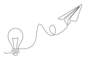 enkel ljus Glödlampa och flygplan kontinuerlig ett linje teckning vektor illustration