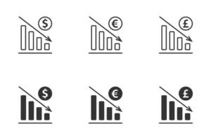 pengar minska symbol. dollar, euro, och pund falla Diagram. vektor