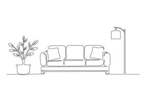 kontinuerlig ett linje teckning av soffa eller soffa med lampa och inlagd växt. modern möbel enkel linjär stil vektor illustration