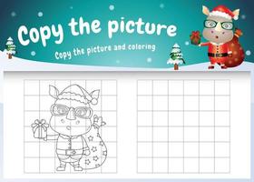 Kopieren Sie das Bild Kinderspiel und die Malvorlage mit einem süßen Nashorn mit Weihnachtsmann-Kostüm vektor