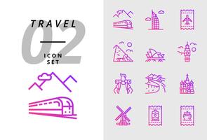 Pack-Symbol für Reisen, Bahntransport, Dubai, Flugticket, Pyramide, Oper, Big Ben, Backpacker, Große Mauer, Taj Mahal, Windmühle, Zugtickets, Bootskarte vektor