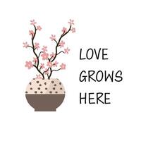 växter med text kärlek växer med körsbär gren i pott. vektor illustration kan Begagnade för klistermärken, kort, dekoration för Hem interiör, tapeter, bok täcker. saftig i pott med ord Citat.
