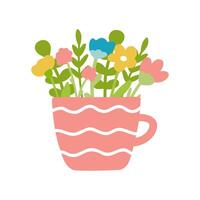blommor i kopp vektor illustration isolerat på vit bakgrund. annorlunda färgrik blommor i platt design och söt enkel stil. rosa kopp med vågig rader.