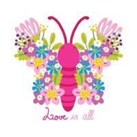 süß Schmetterling Blume Flügel Karikatur Hand gezeichnet mit Text auf Weiß hintergrund.liebe ist alle Slogan.Frühling.Natur.Blumen.Bild zum Karte, Poster, Aufkleber, Logo.kawaii.Vektor.Illustration. vektor