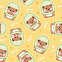 sömlös mönster av söt teddy Björn ha på sig kiwi hatt maskot med Hej text bakgrund.vild djur- karaktär tecknad serie design.baby clothing.kawaii.vector.illustration. vektor