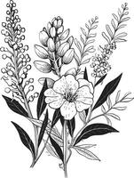 Blumen- Tapisserie monochromatisch Emblem von botanisch Elemente Blütenblätter im noir glatt schwarz Symbol, Vektor Blumen- Design