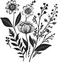 Blütenblätter im noir schwarz Symbol präsentieren elegant botanisch Blumen- Elemente unendlich Blüten einfarbig Vektor Logo mit schwarz botanisch Blumen