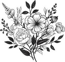 Blumen- Tapisserie monochromatisch Emblem mit botanisch Elemente Blütenblätter im noir elegant schwarz Symbol präsentieren Vektor Logo Design