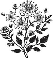 Blumen- Tapisserie monochromatisch Emblem mit botanisch Elemente Blütenblätter im noir elegant schwarz Symbol präsentieren Vektor Logo Design