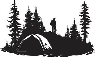 serenad av de tallar svartvit emblem för nattetid camping under de stjärnor svart vektor logotyp design för vildmark reträtt