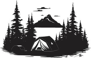 Einbruch der Dunkelheit Rückzug glatt schwarz Symbol illustrieren Camping Glückseligkeit Wildnis flüstert schick Camping Logo Design im monochromatisch schwarz vektor