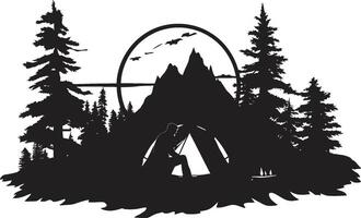 in i de trän elegant svart ikon med vektor logotyp för camping lägereld Krönikeböckerna elegant enfärgad emblem för utomhus- äventyr