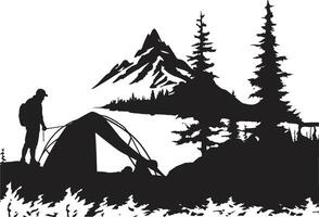 Camping Eskapade elegant schwarz Symbol mit Vektor Logo Design Berg Majestät glatt monochromatisch Emblem zum Camping Enthusiasten