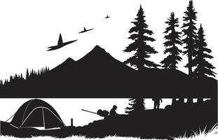 berg majestät elegant enfärgad emblem för utomhus- entusiaster stjärnbelyst fristad svart vektor camping logotyp design ikon för nattetid salighet