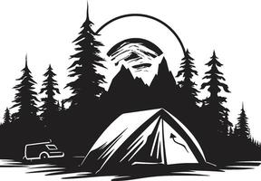 Sternenlicht Heiligtum schwarz Vektor Logo Design Symbol zum Camper Fernweh Oase glatt schwarz Symbol mit Camping Vektor Logo Design