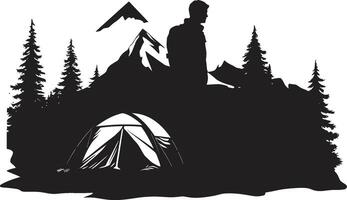 Nachtzeit Oase schick Camping Symbol illustrieren schwarz Vektor Design holzig Wanderer elegant schwarz Symbol mit Vektor Logo zum Camping Glückseligkeit