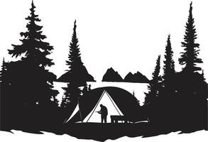 in das Wald glatt monochromatisch Emblem zum draussen Camping Glückseligkeit Lagerfeuer Chroniken schwarz Vektor Logo Design Symbol zum abenteuerlich Seelen