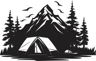 Berg Majestät schick schwarz Symbol präsentieren Vektor Camping Design Sternenlicht Campingplatz elegant schwarz Symbol mit Vektor Logo zum Wildnis Rückzüge