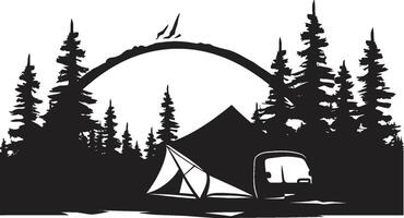 holzig Wanderer glatt monochromatisch Emblem zum Camping Enthusiasten Camping Sternbilder schwarz Vektor Logo Design Symbol zum draussen Glückseligkeit