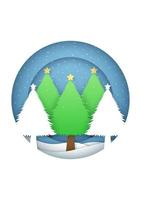 frohe weihnachtskarte mit winterlandschaft und schneefall auf weihnachtsbäumen im runden rahmen vektor
