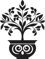 kronblad i krukmakeri elegant svart logotyp med elegant växt pott design botaniska skönhet svartvit emblem highlighting dekorativ växt pott vektor