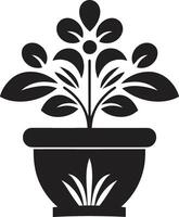 botanisch Glückseligkeit elegant schwarz Vektor Emblem Hervorheben Pflanze Topf Blumen- Finesse glatt Logo Design mit dekorativ Pflanze Topf im schwarz