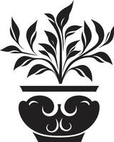 kronblad i krukmakeri svartvit växt pott logotyp med eleganta elegans organisk oas chic svart vektor ikon med dekorativ växt pott