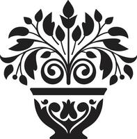 botanisk salighet elegant svart ikon terar dekorativ växt pott blommig finess svartvit vektor logotyp med eleganta växt pott