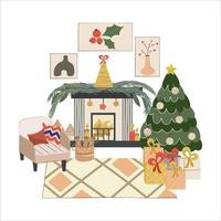 isoliertes skandinavisches Weihnachtsinterieur mit Kamin, Weihnachtsbaum. Gemütlicher Sessel mit Kissen und Holzstapel für Winterabende. Teppich, Gemälde und Geschenke unter dem Baum. Vektor-Illustration. vektor