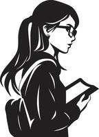 Abonnieren stilvoll und schick schwarz Logo Design zum weiblich Studenten Pionierin Vektor Symbol von ein schwarz Logo zum wegweisend weiblich Studenten