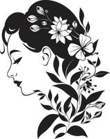 botanisch Schönheit schwarz Logo Design infundiert mit Blumen- Frau Gesicht wunderlich blüht feminin Charme im ein schwarz Blumen- Gesicht Logo vektor