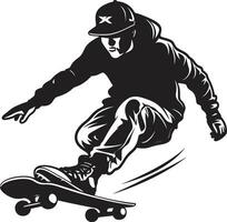spänning tyrann ikoniska vektor symbol av en man på en skateboard i svart gata slinger kantig svart logotyp design med en skateboard man ikon