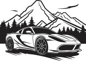 Grat Rennfahrer schwarz Logo Design mit ikonisch Vektor Sport Auto auf das Berge Gipfel Performance ikonisch schwarz Symbol von ein Sport Auto erobern Berg Straßen