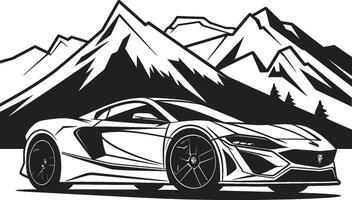 Hochland Gedränge glatt Vektor Symbol präsentieren ein Sport Auto auf schwarz Logo erhöht Geschwindigkeit dynamisch schwarz Logo Design mit ein bergig Sport Auto Symbol
